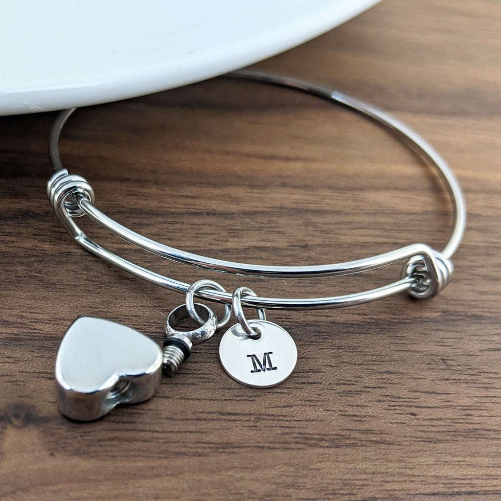 Personalized Initial Cremation Heart Bangle Bracelet.