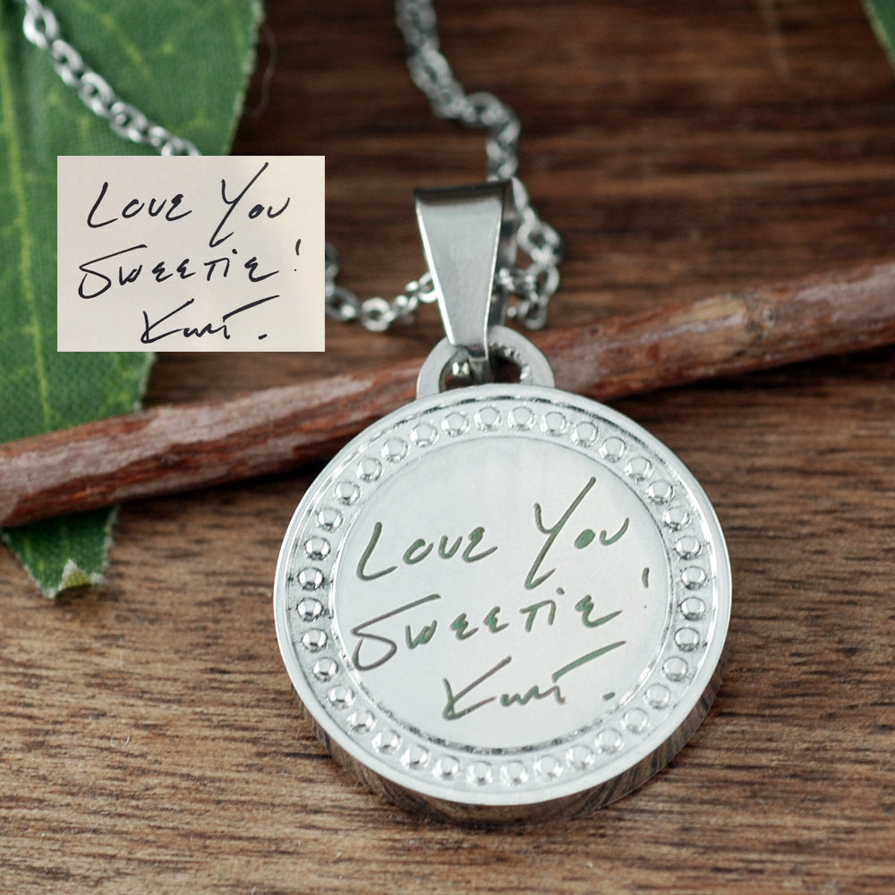 Actual Handwriting Silver Round Necklace.