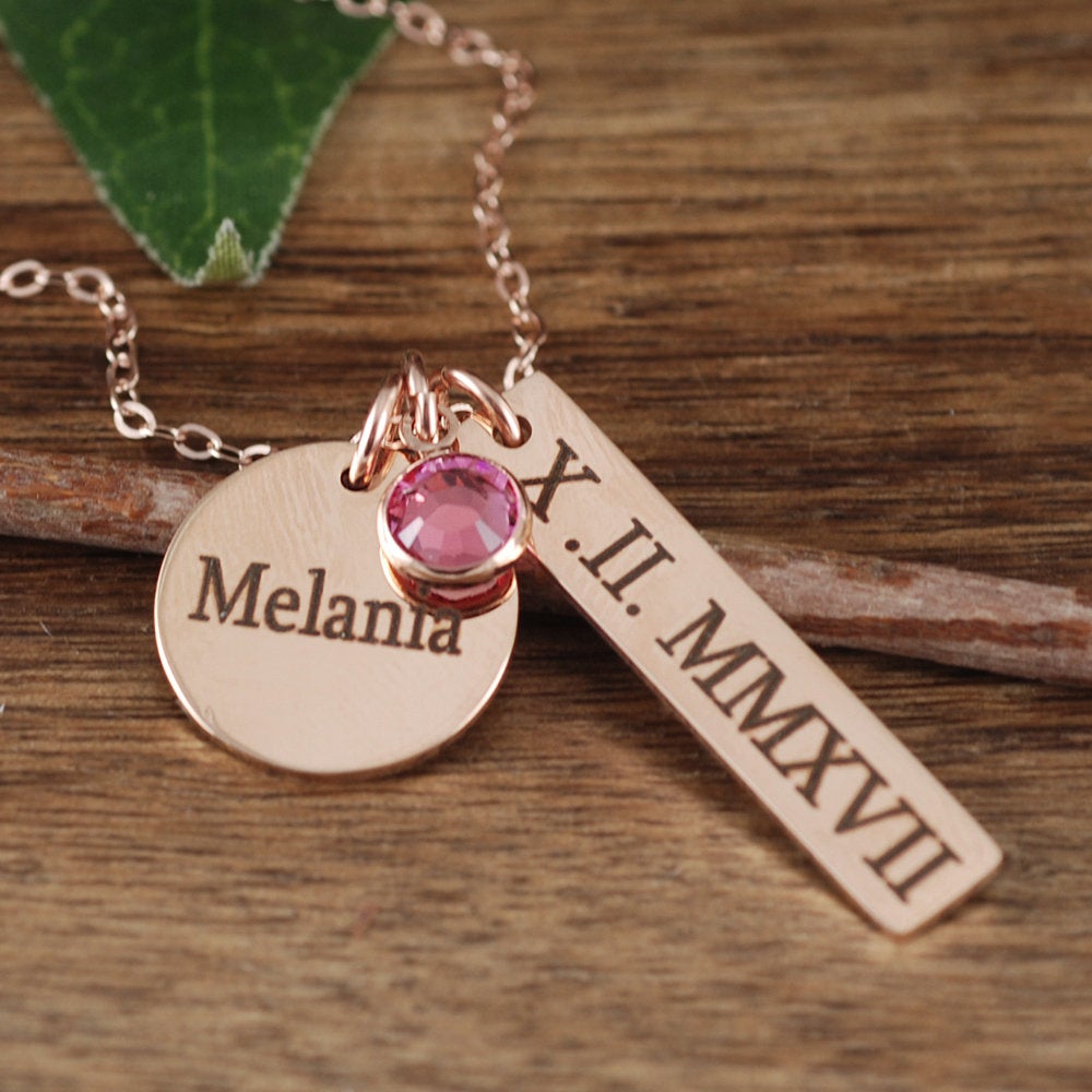 Custom Engraved Name and Roman Numeral Necklace.