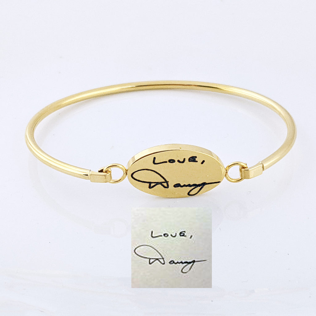Gold Oval Handwriting Bracelet.
