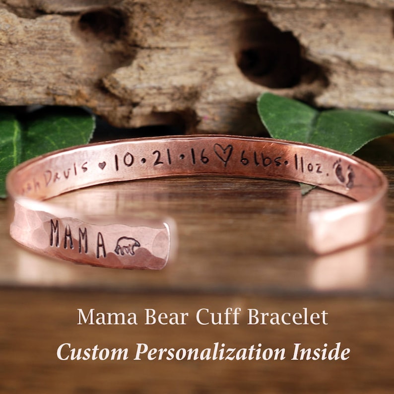 Mama Bear Cuff Bracelet with Baby Stats.
