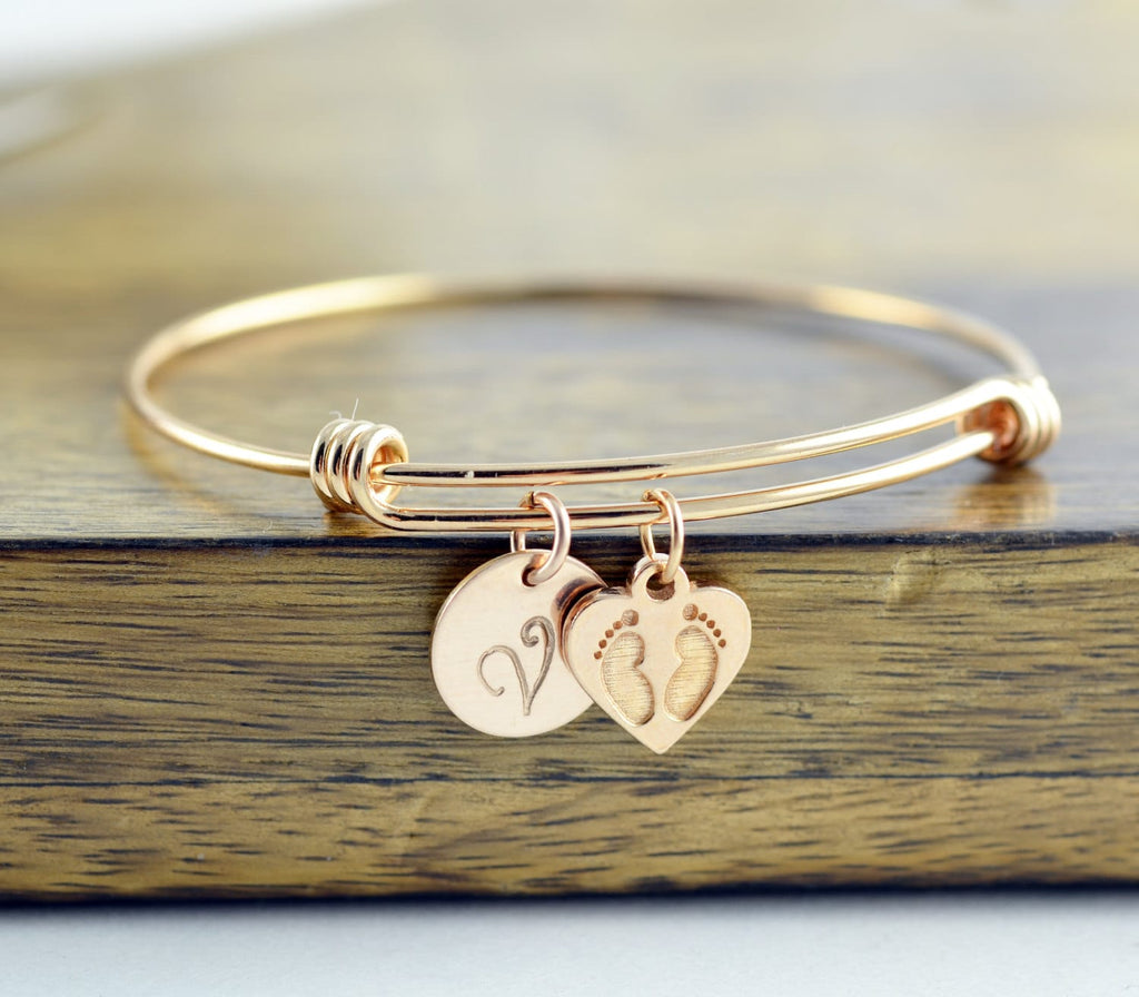 Rose Gold Personalized Initial Baby Feet Bracelet.