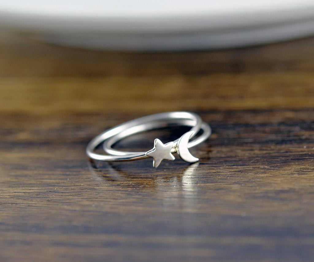 Sterling Silver Moon and Star Ring Set.
