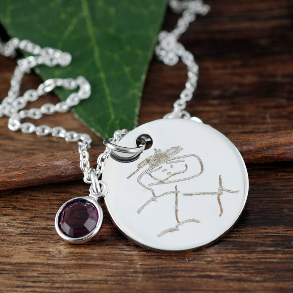 Kids Handwriting Necklace with Birthstone.