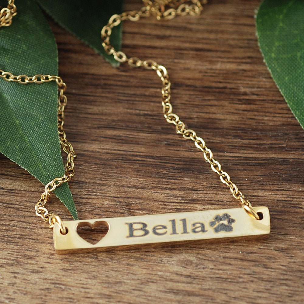 Engraved Bar Necklace with cut out heart.