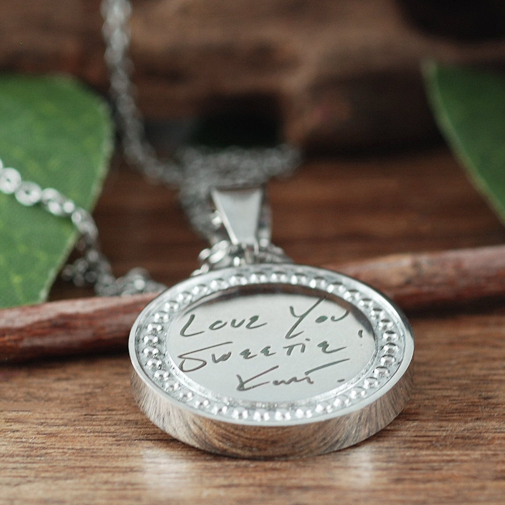 Actual Handwriting Silver Round Necklace.